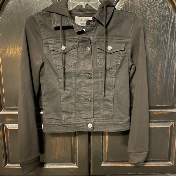 Women’s Black Wallflower Hooded Denim Jacket - Picture 1 of 3